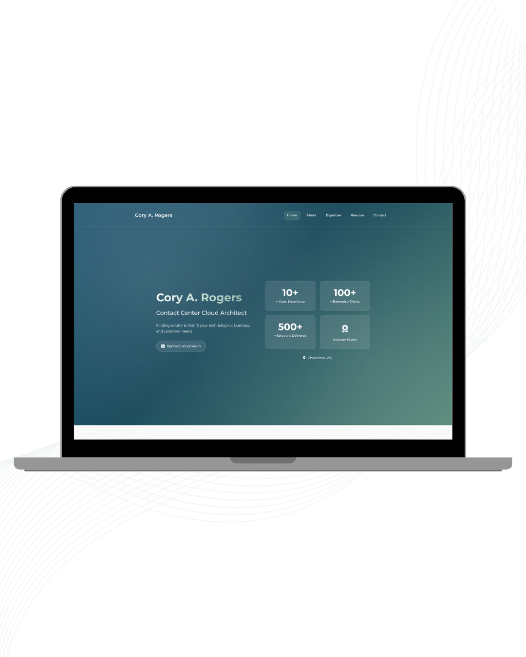 Screenshot of the Cory Rogers portfolio website, a personal branding site built by SpindleStack for a West Virginia client